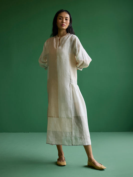 Nura Metallic Linen Paneled Dress - Ivory