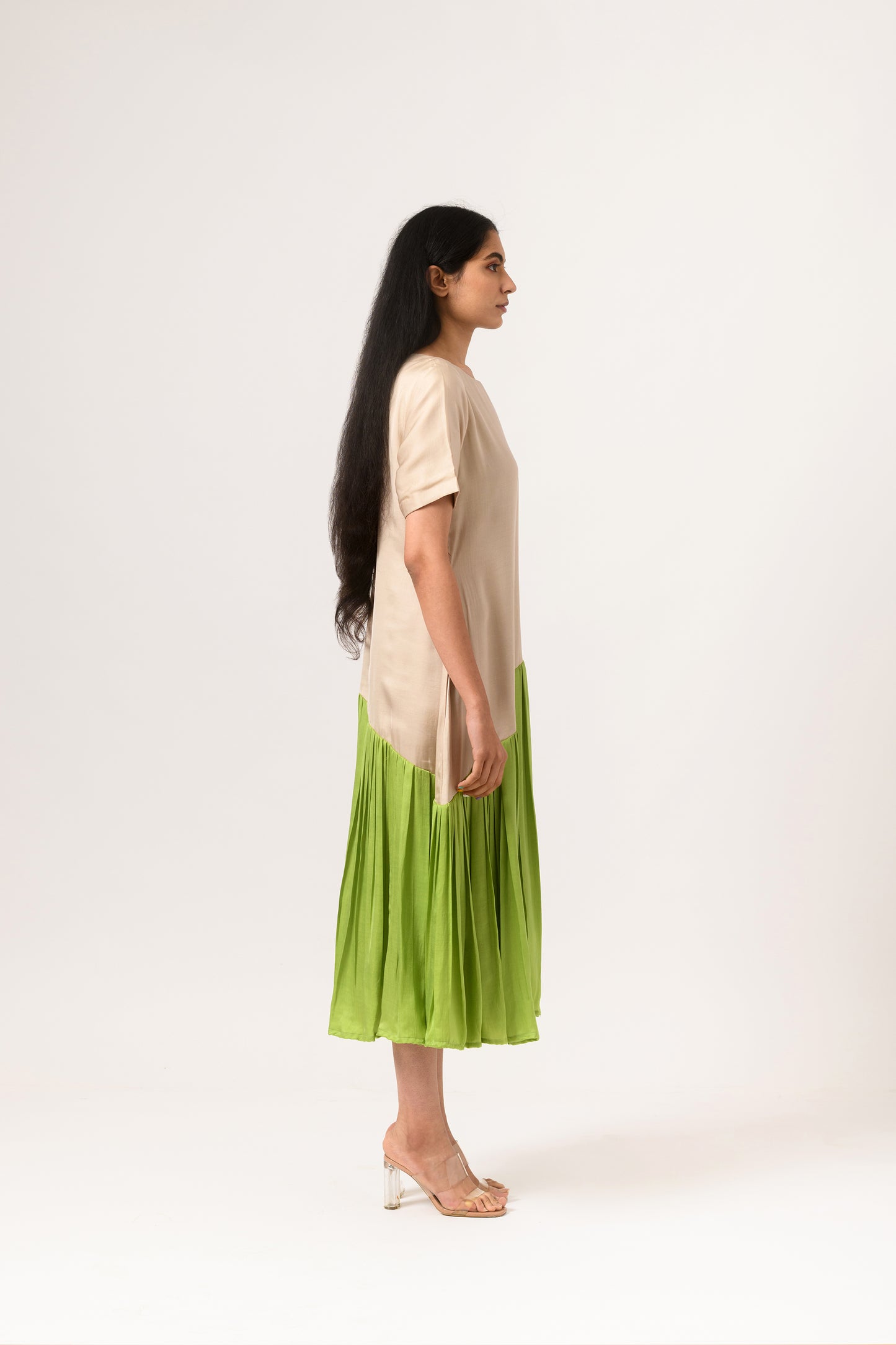 Ecru-Green Gather Dress