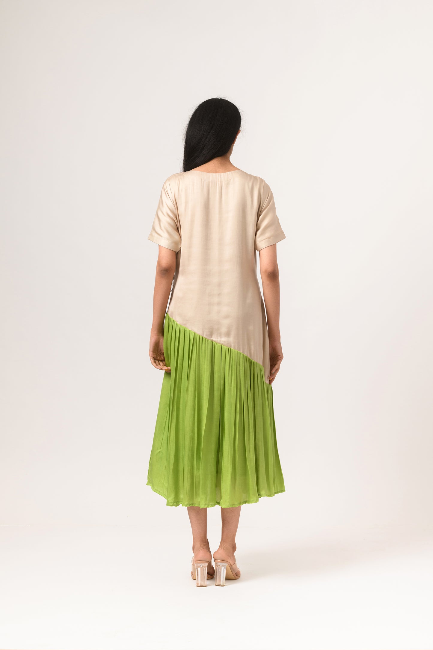 Ecru-Green Gather Dress