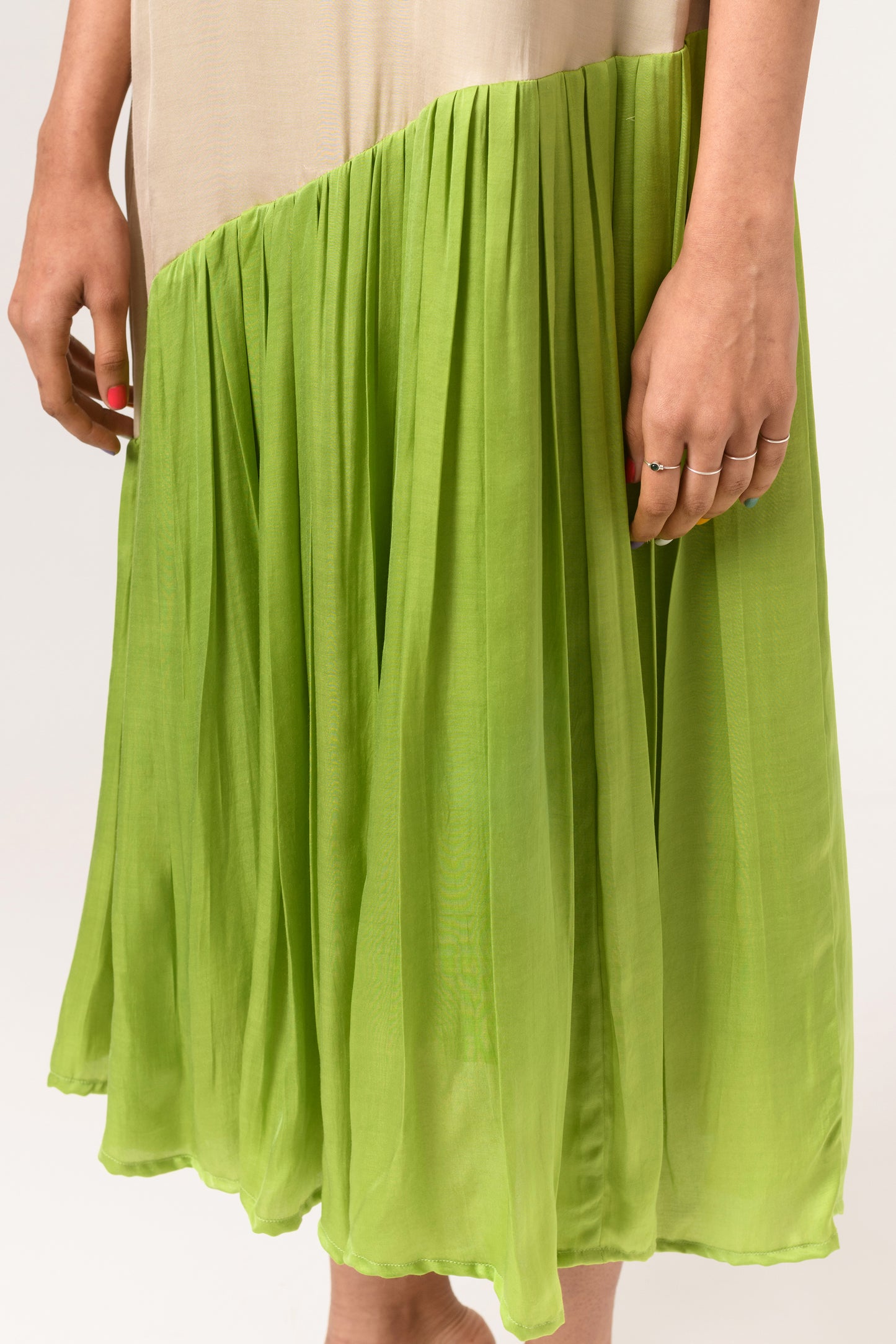 Ecru-Green Gather Dress