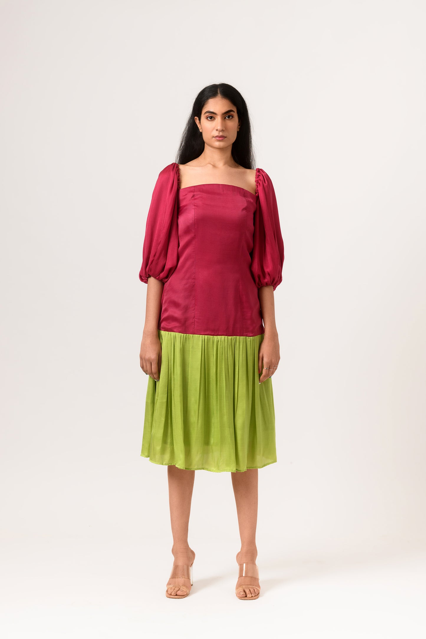 Wine-Green Gather Dress