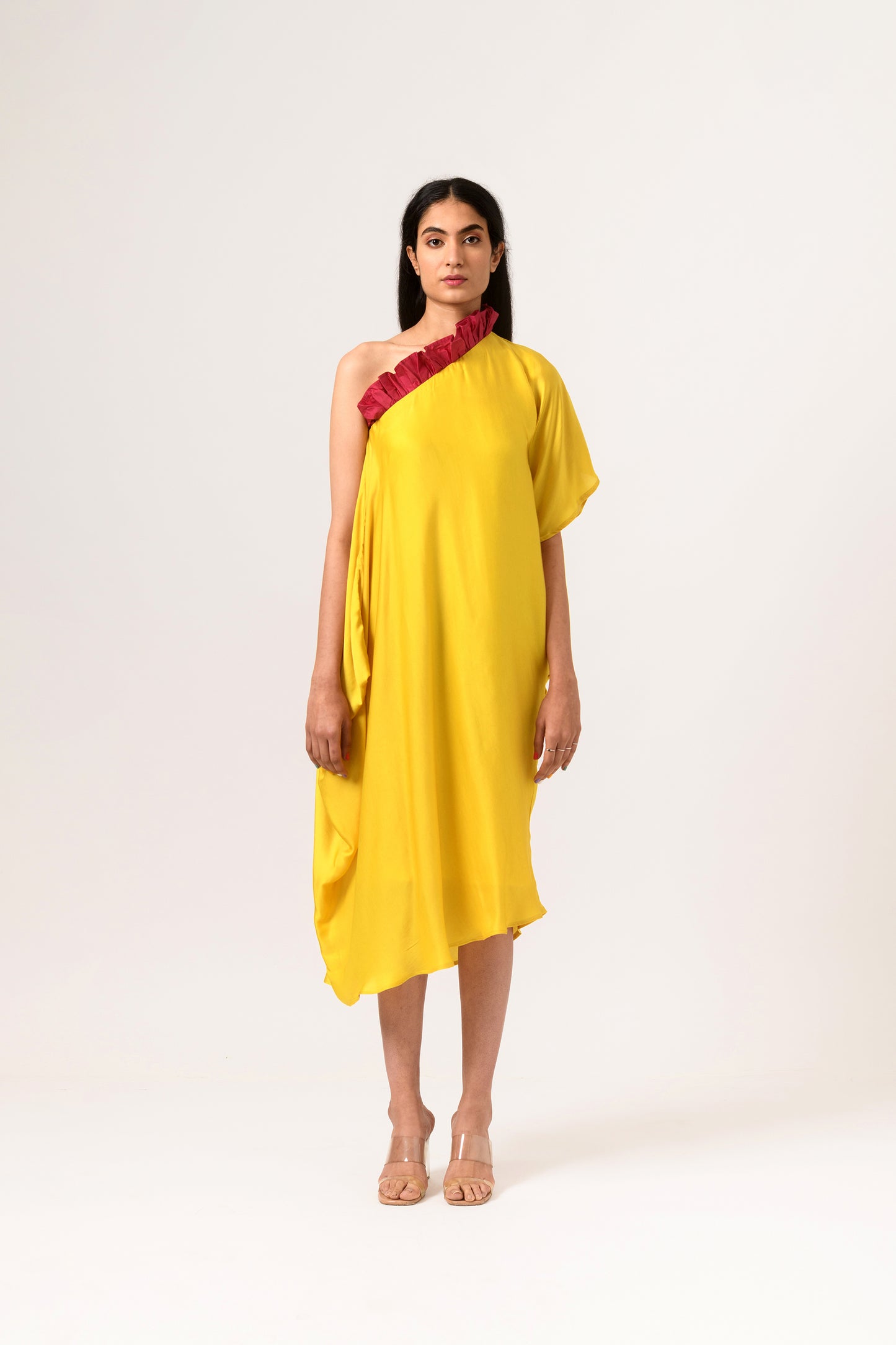 Wine-Yellow One Shoulder Dress