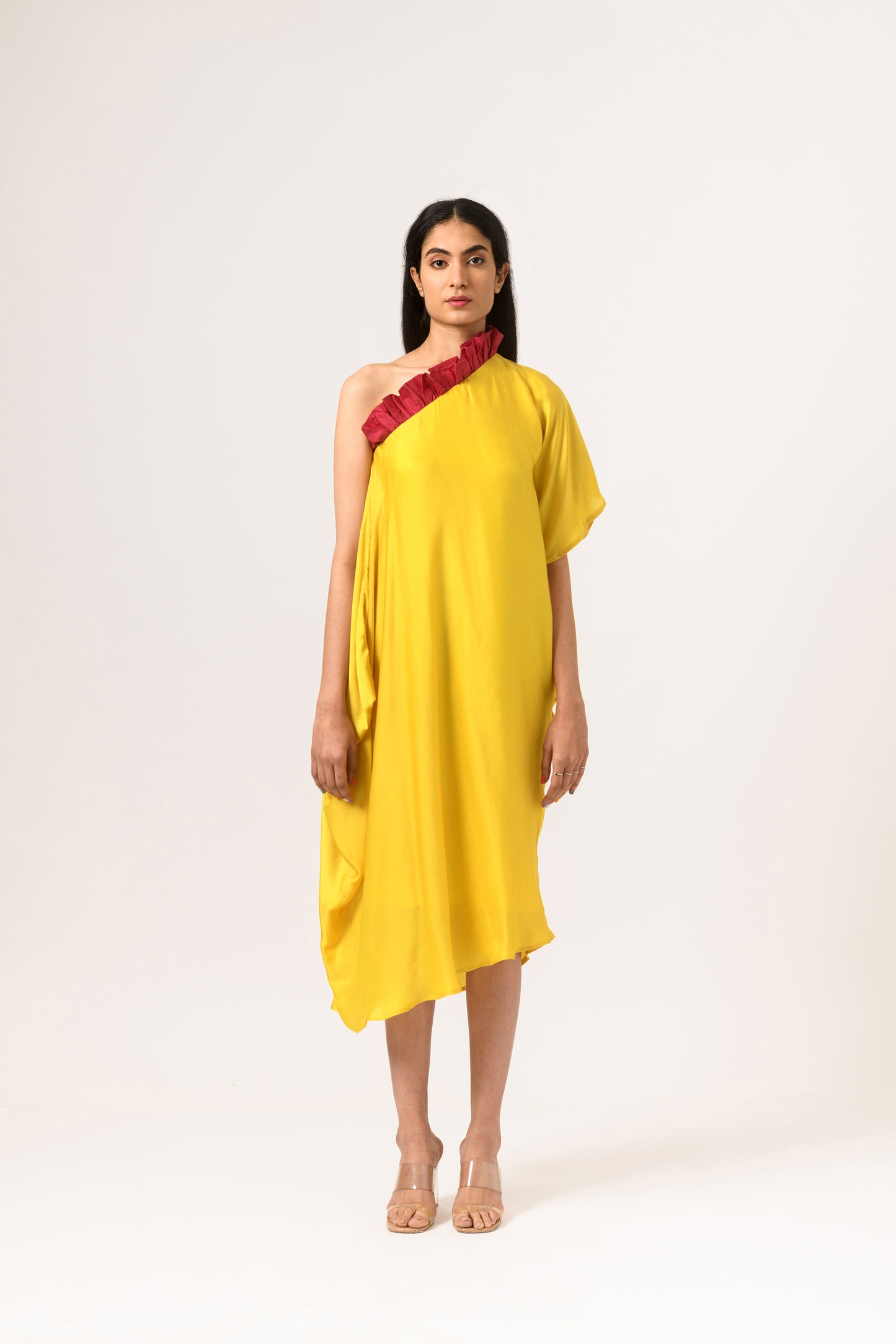 Wine-Yellow One Shoulder Dress