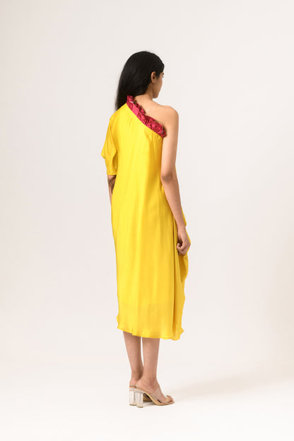 Wine-Yellow One Shoulder Dress