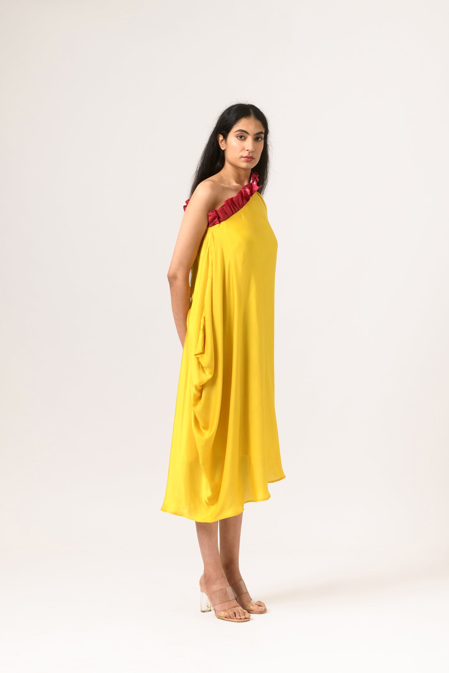 Wine-Yellow One Shoulder Dress