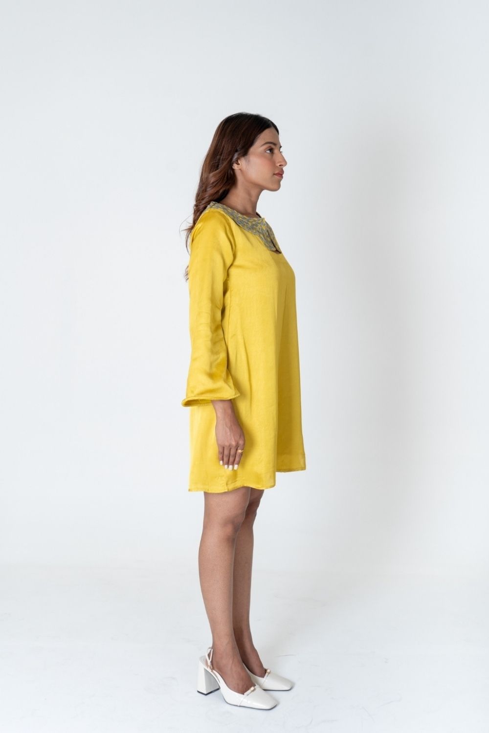 Green-Yellow Braided Collar Short Dress