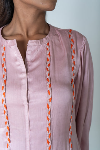 Pink-Orange Braided Short Gather Dress