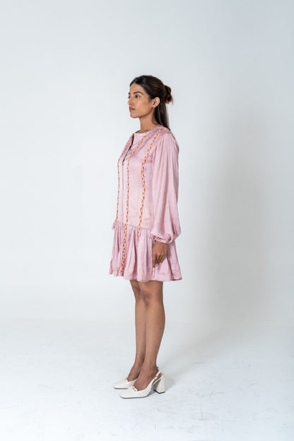 Pink-Orange Braided Short Gather Dress