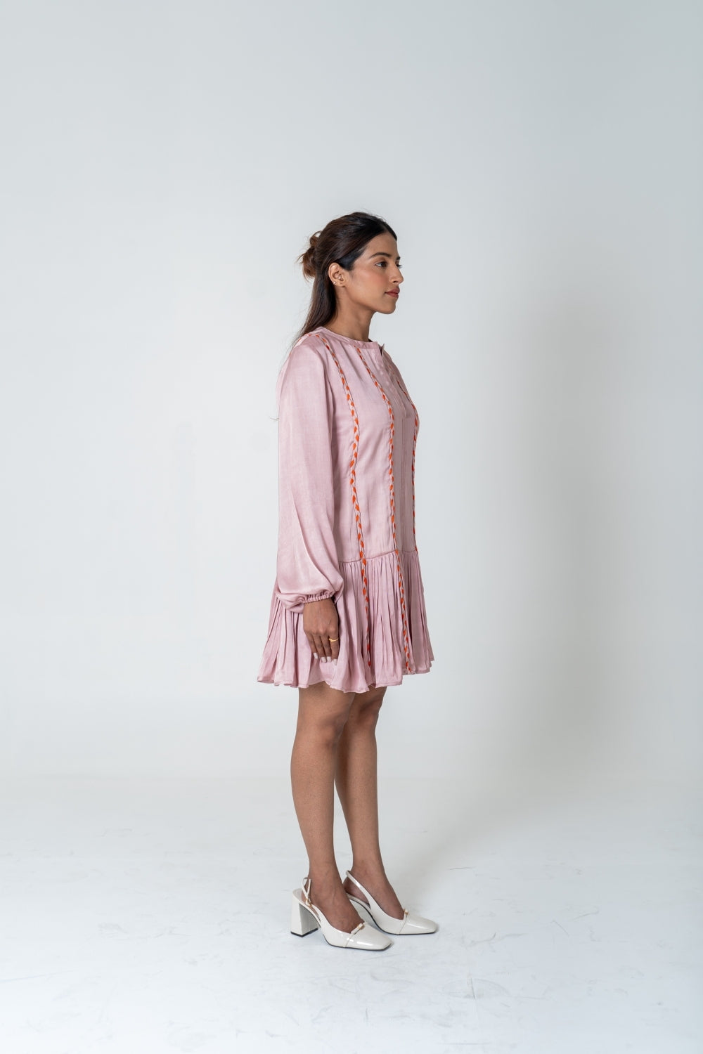 Pink-Orange Braided Short Gather Dress