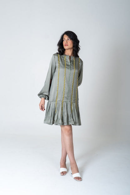 Green-Yellow Braided Short Gather Dress