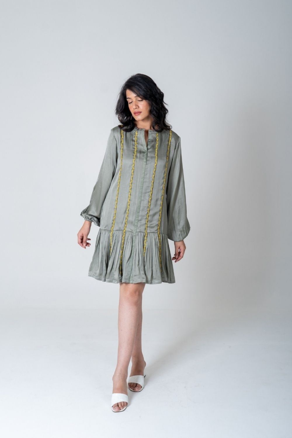 Green-Yellow Braided Short Gather Dress