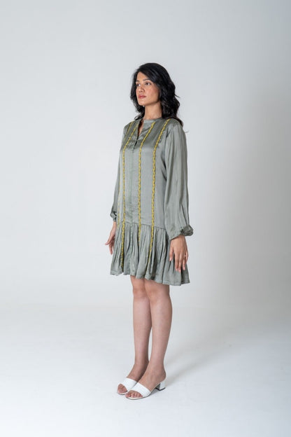 Green-Yellow Braided Short Gather Dress