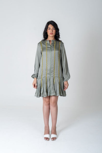 Green-Yellow Braided Short Gather Dress