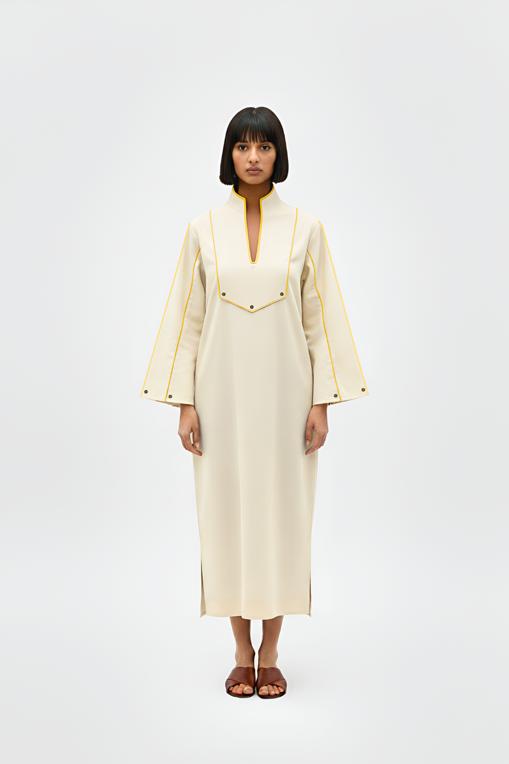 Ivory-Mango Yellow Collared Stripe Dress