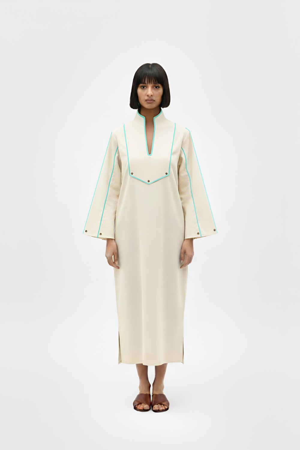 Ivory-Tiffany Blue Collared Stripe Dress