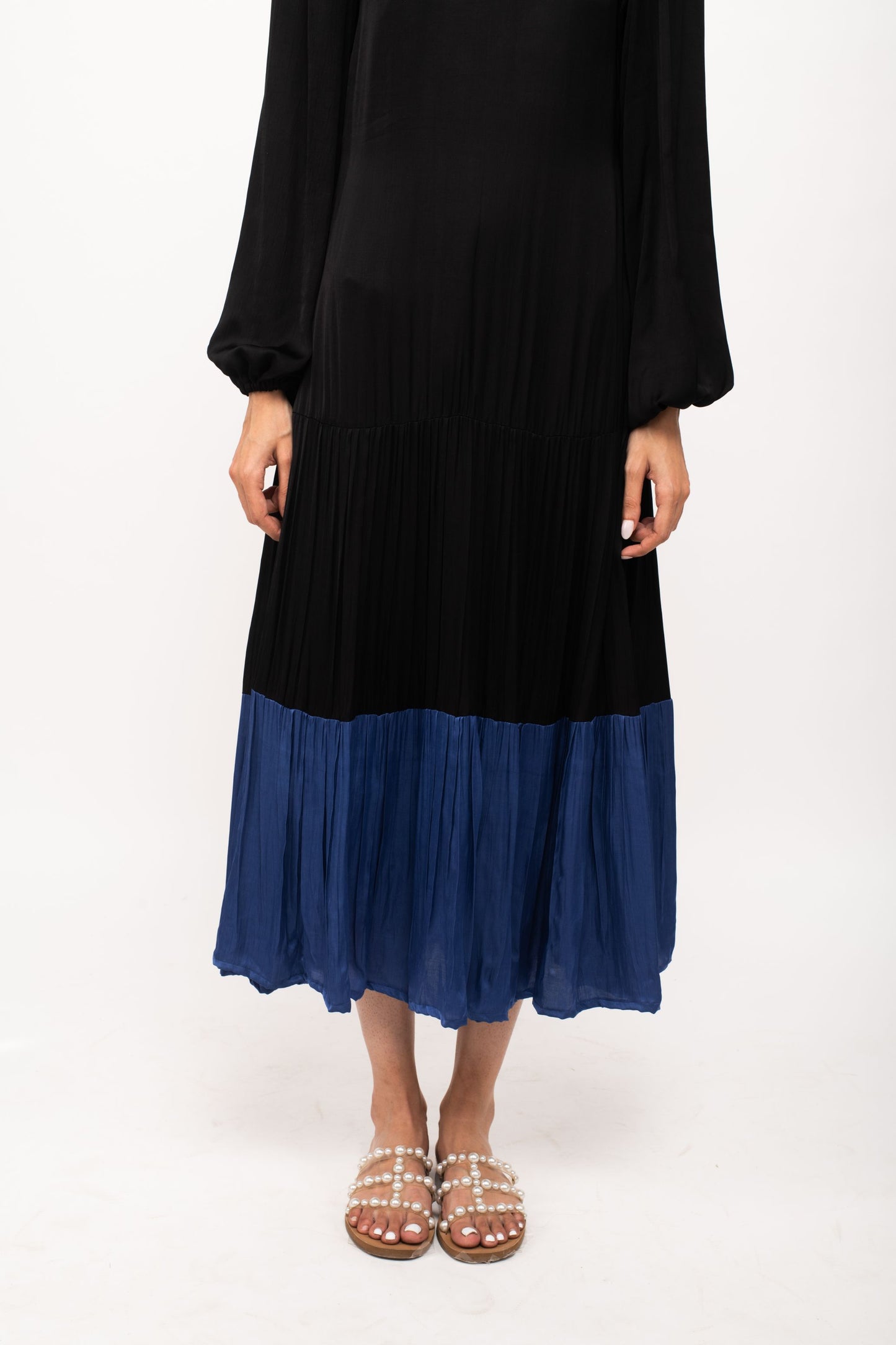 Black-Blue Gather Maxi Dress