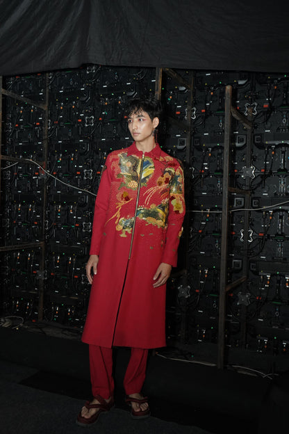 Red Embroidered Long Jacket Set