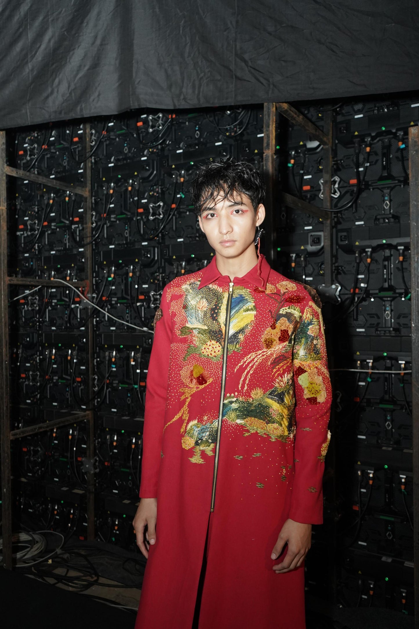 Red Embroidered Long Jacket Set