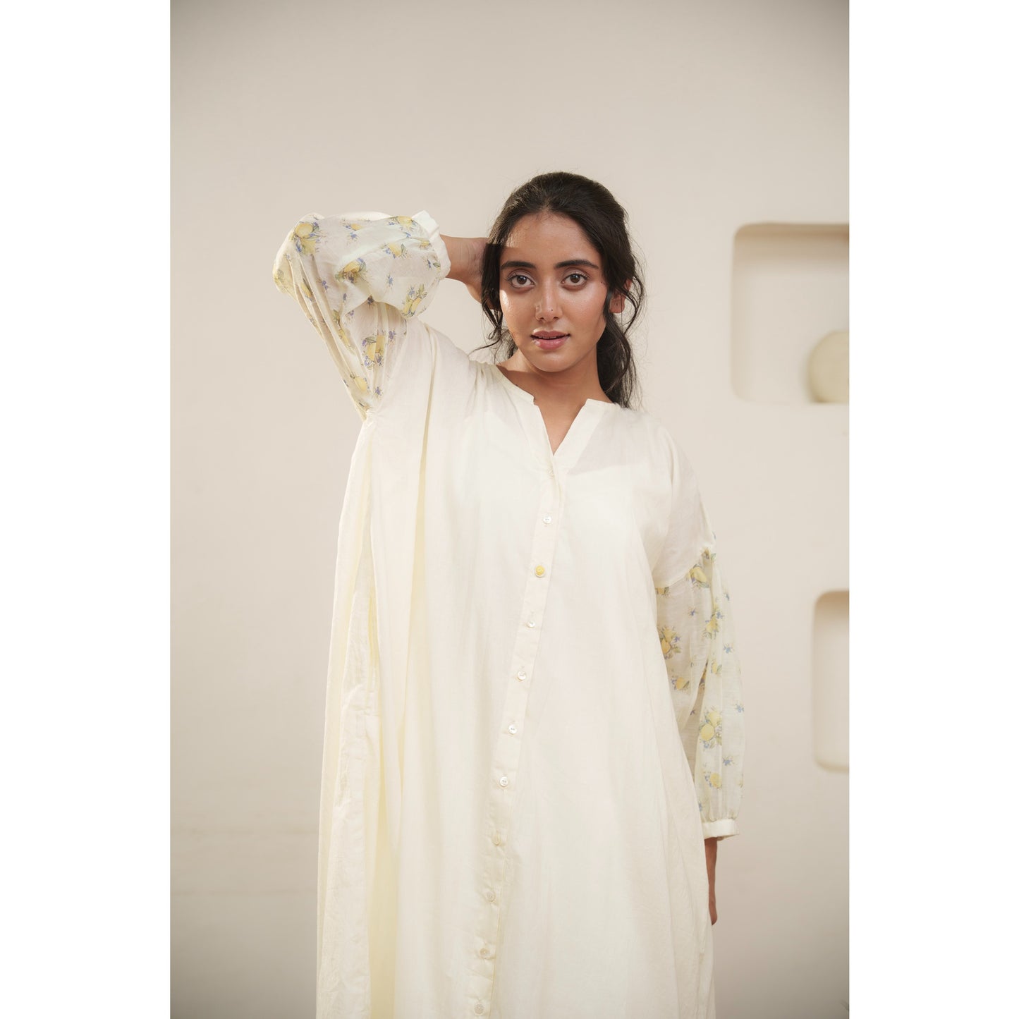 Capsule 8, Beige Cotton, Lemon Print  Chanderi