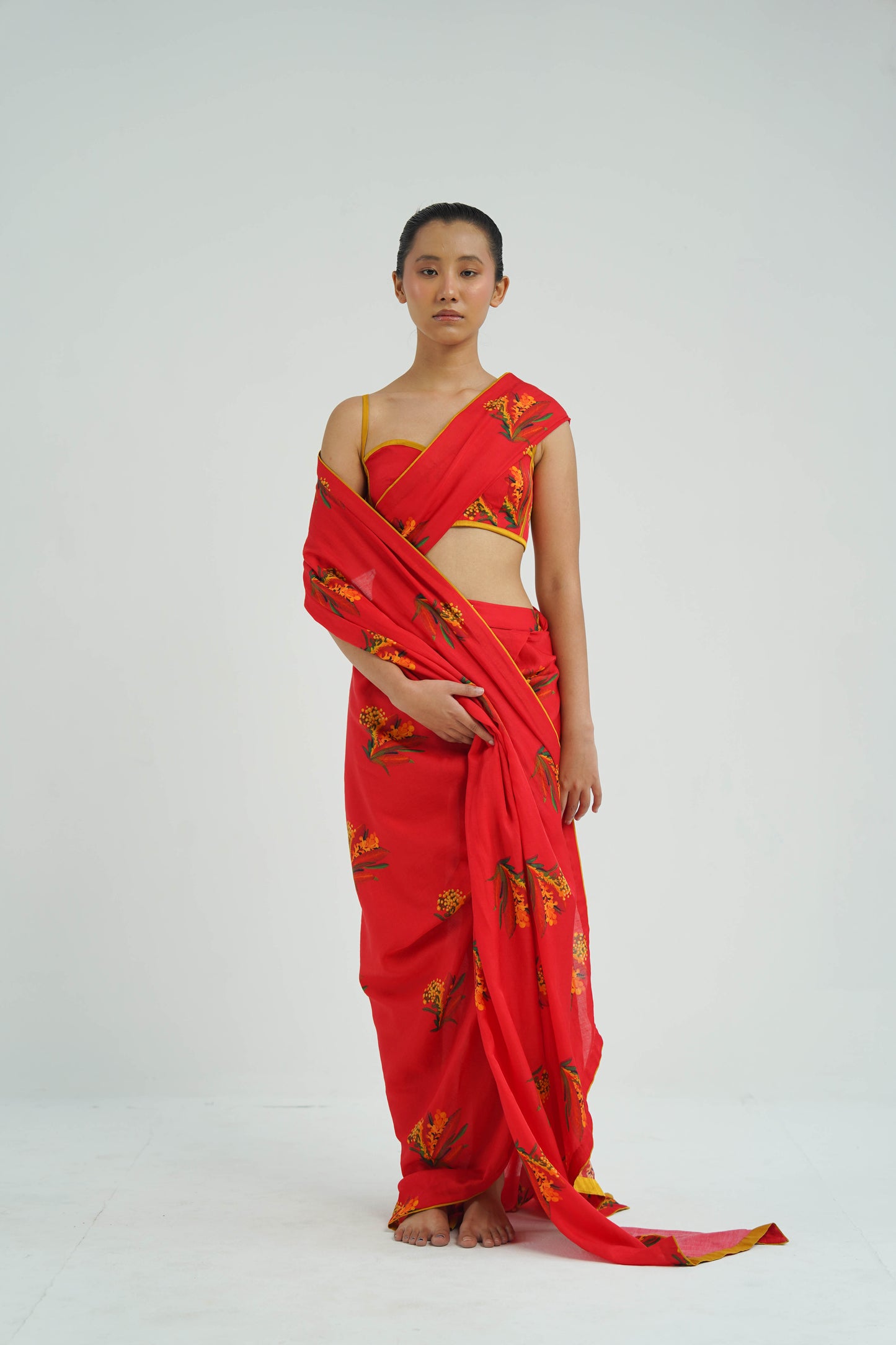 Red Firefly Drape Saree With Blouse