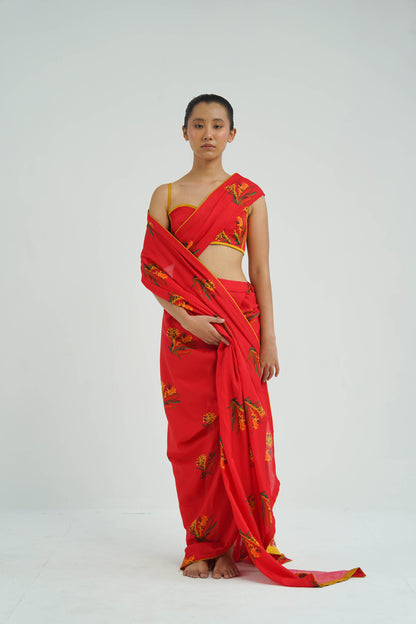 Red Firefly Drape Saree With Blouse
