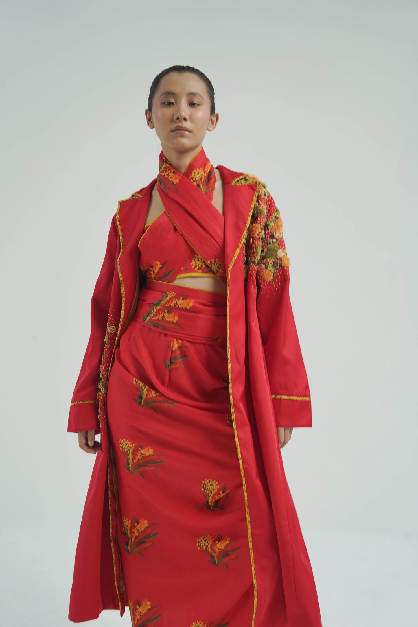 Red Firefly Drape Saree With Blouse