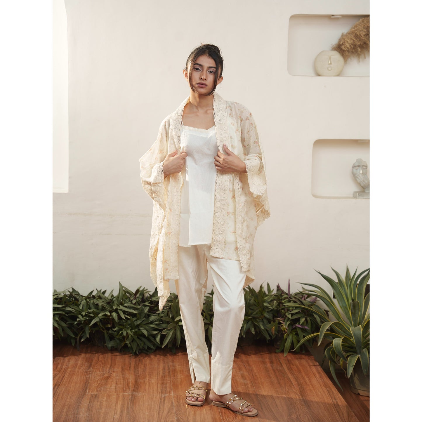 Capsule 17, Rose Print  Chanderi, Beige Cotton