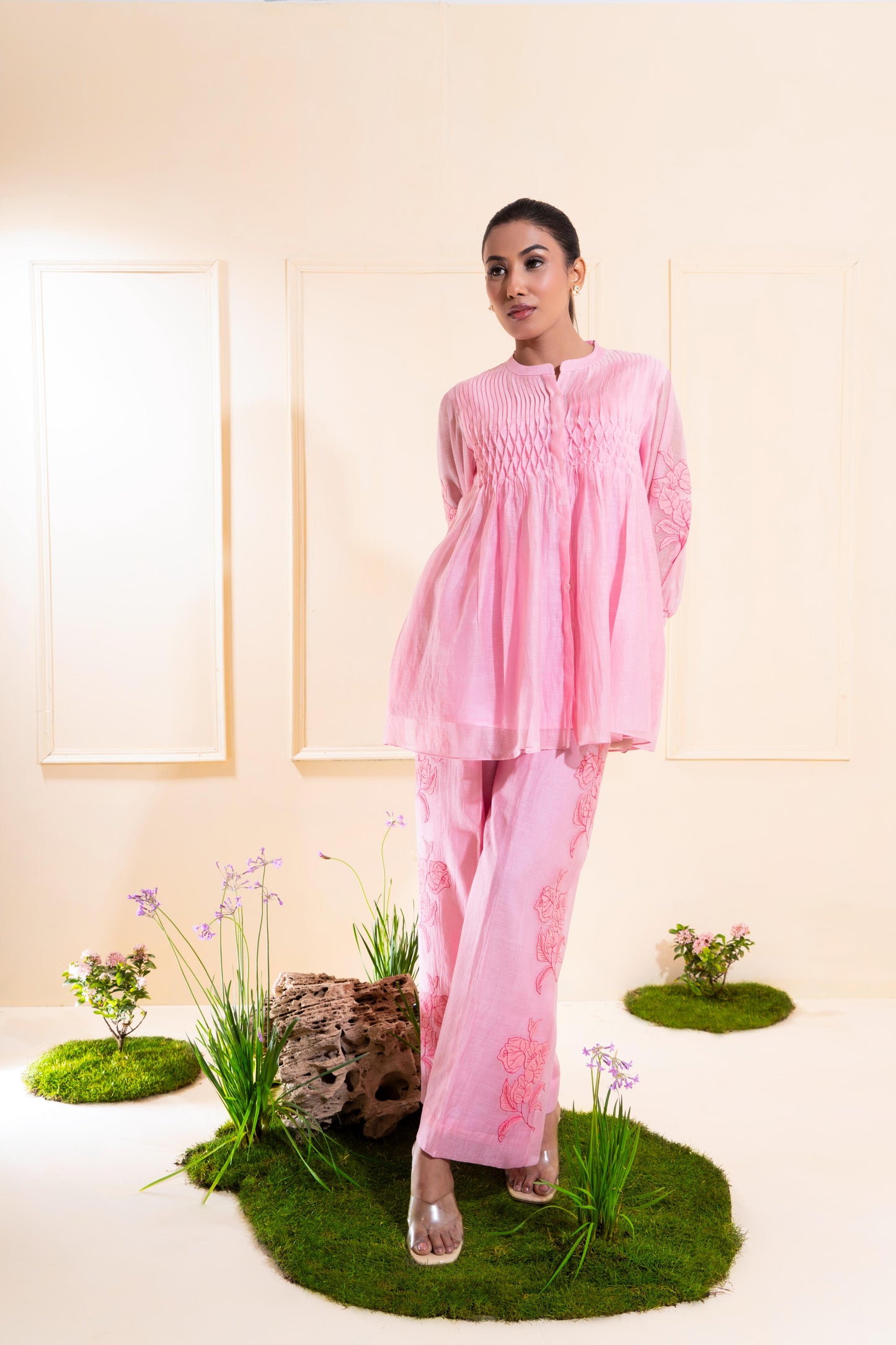 Pink Smocking Chanderi Co-ord Set