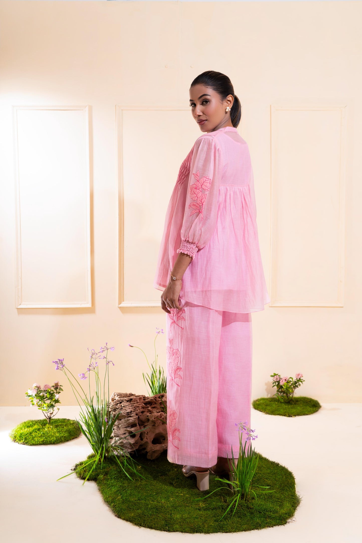 Pink Smocking Chanderi Co-ord Set