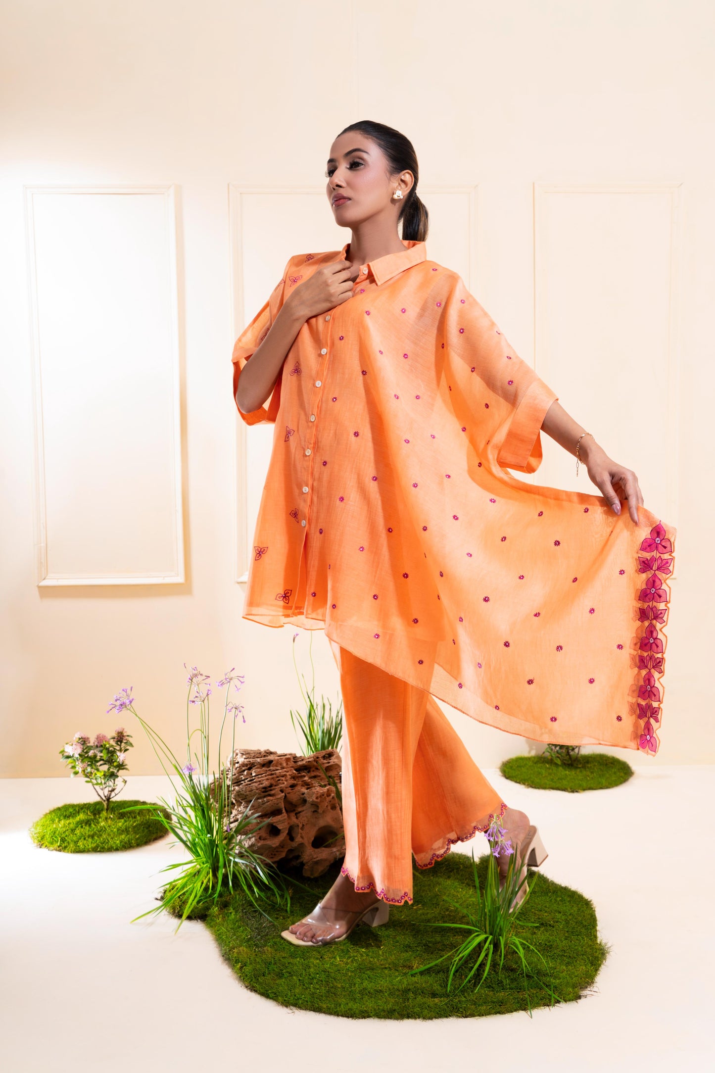 Peach Asymetrical Chanderi Co-ord Set