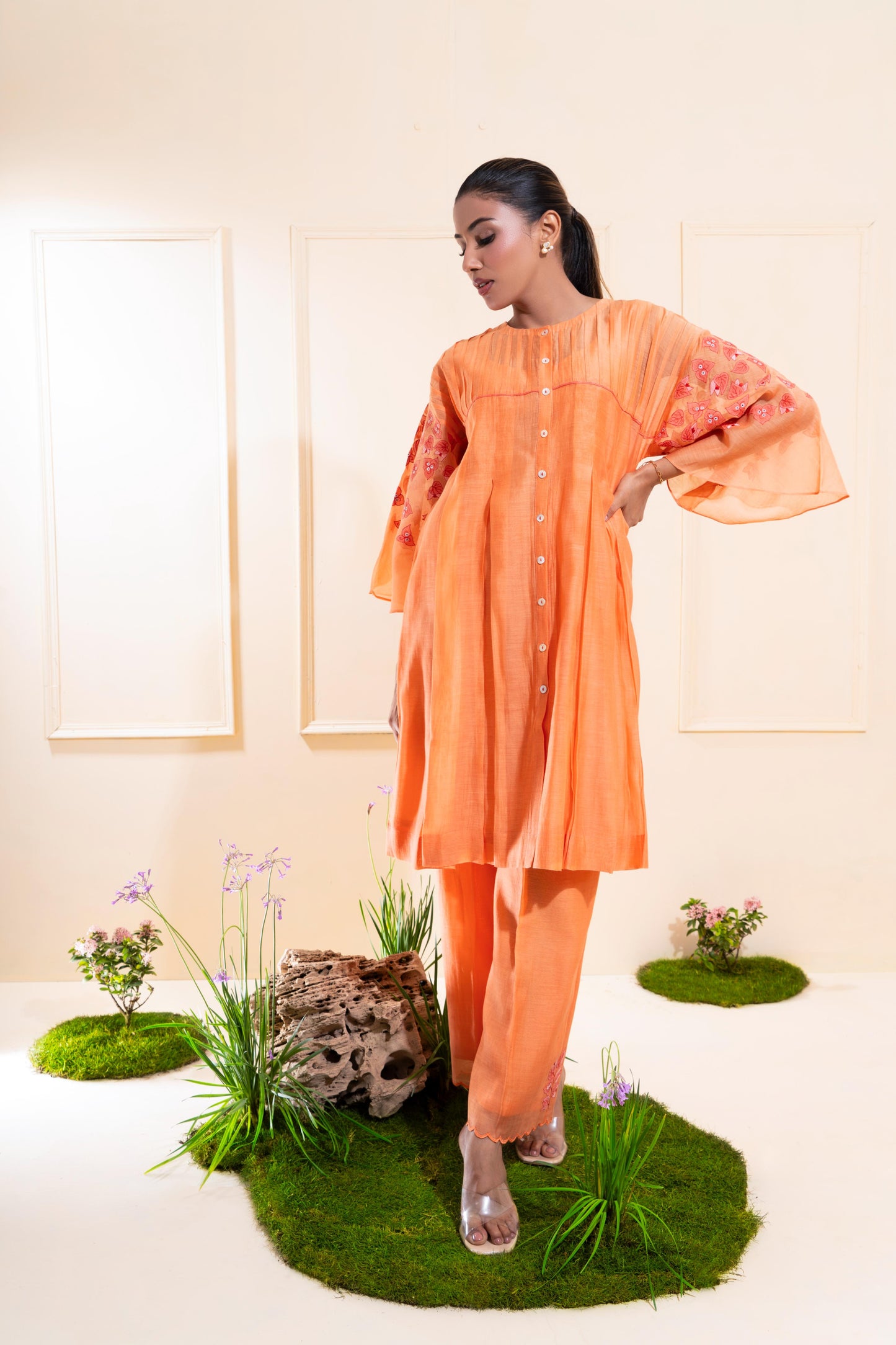 Peach Pleated Chanderi Co-ord Set