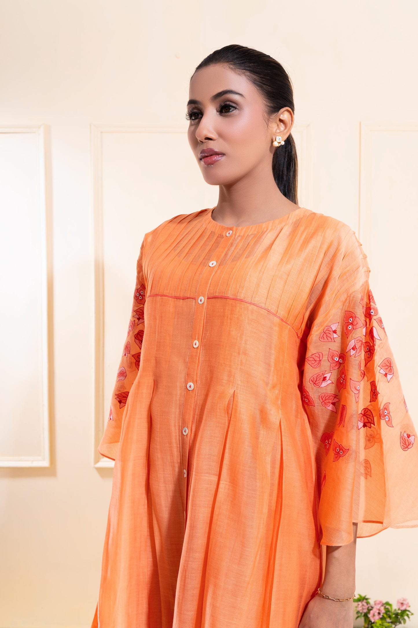Peach Pleated Chanderi Co-ord Set