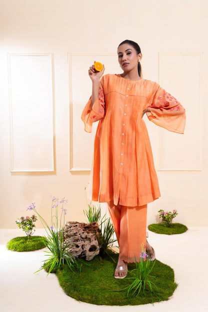 Peach Pleated Chanderi Co-ord Set