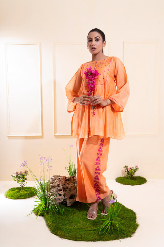 Peach Front Gathers Chanderi Co-ord Set