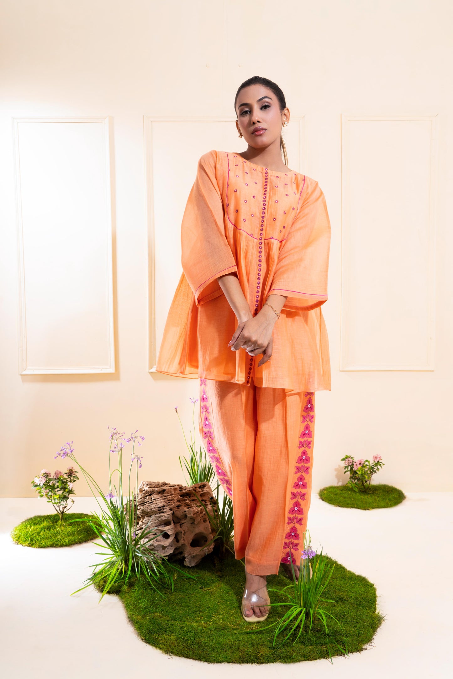 Peach Front Gathers Chanderi Co-ord Set
