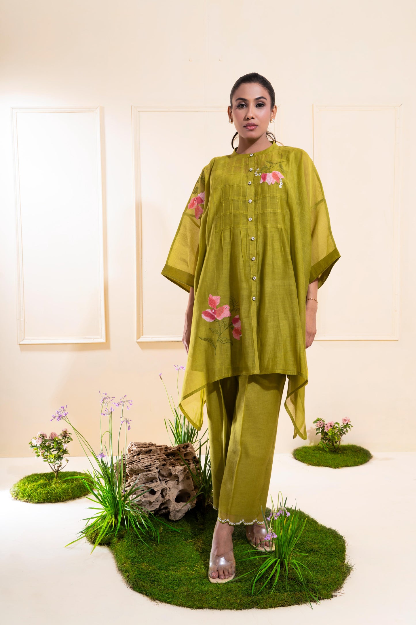 Moss Green Pleated Panel Chanderi Co-ord Set
