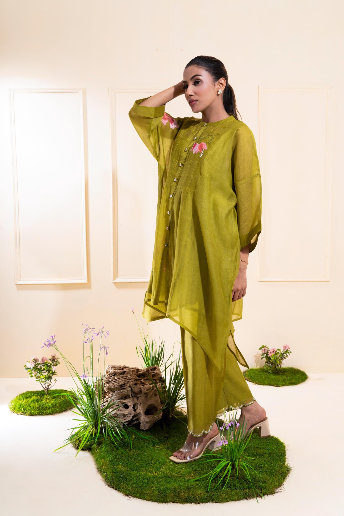 Moss Green Pleated Panel Chanderi Co-ord Set