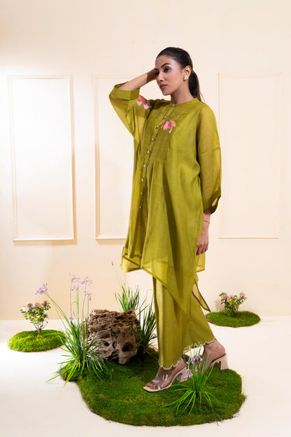 Moss Green Pleated Panel Chanderi Co-ord Set