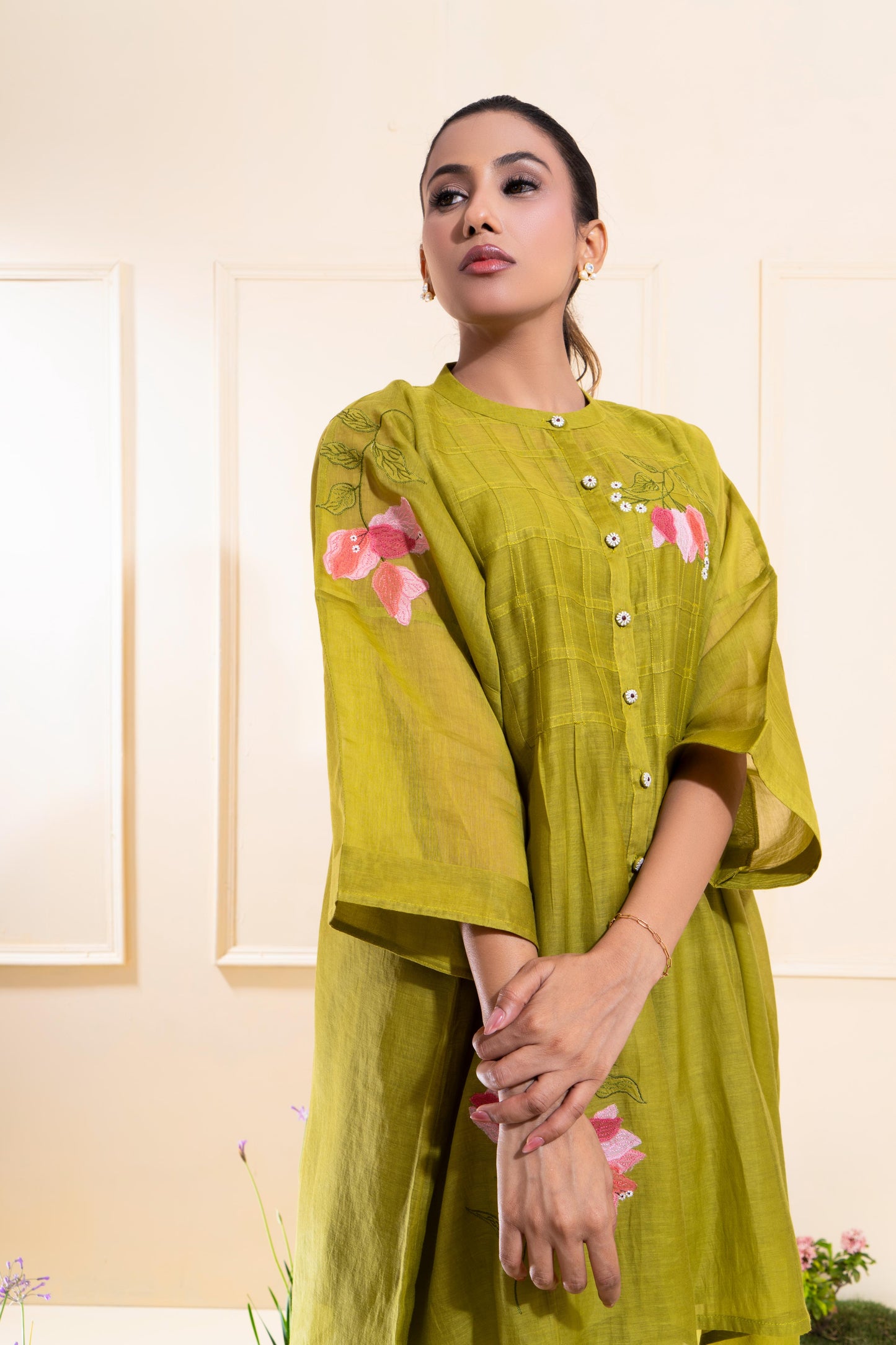Moss Green Pleated Panel Chanderi Co-ord Set
