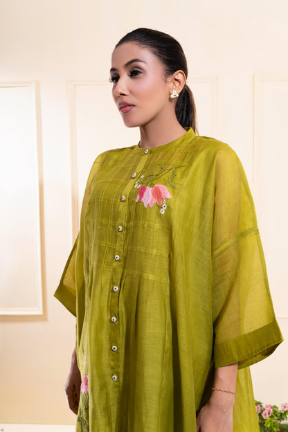 Moss Green Pleated Panel Chanderi Co-ord Set