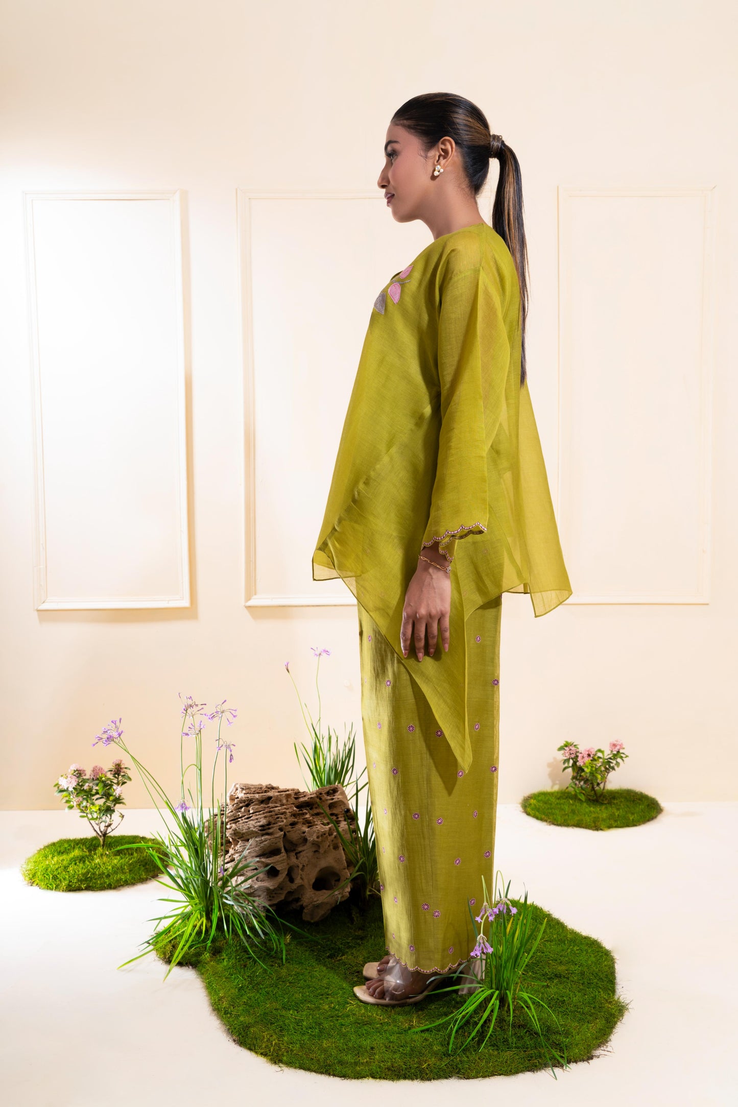 Moss Green Asymmetrical Chanderi Co-ord Set