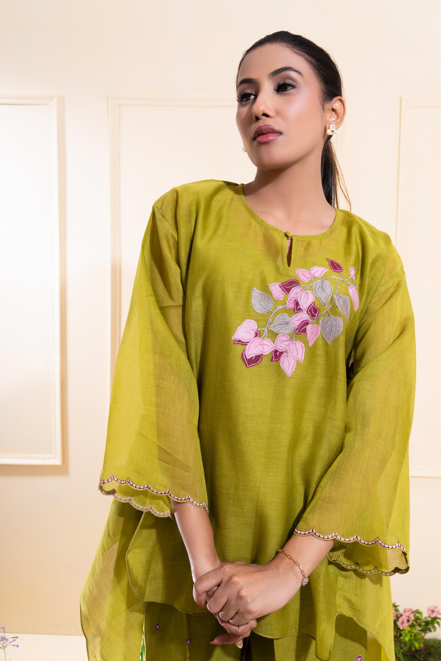 Moss Green Asymmetrical Chanderi Co-ord Set