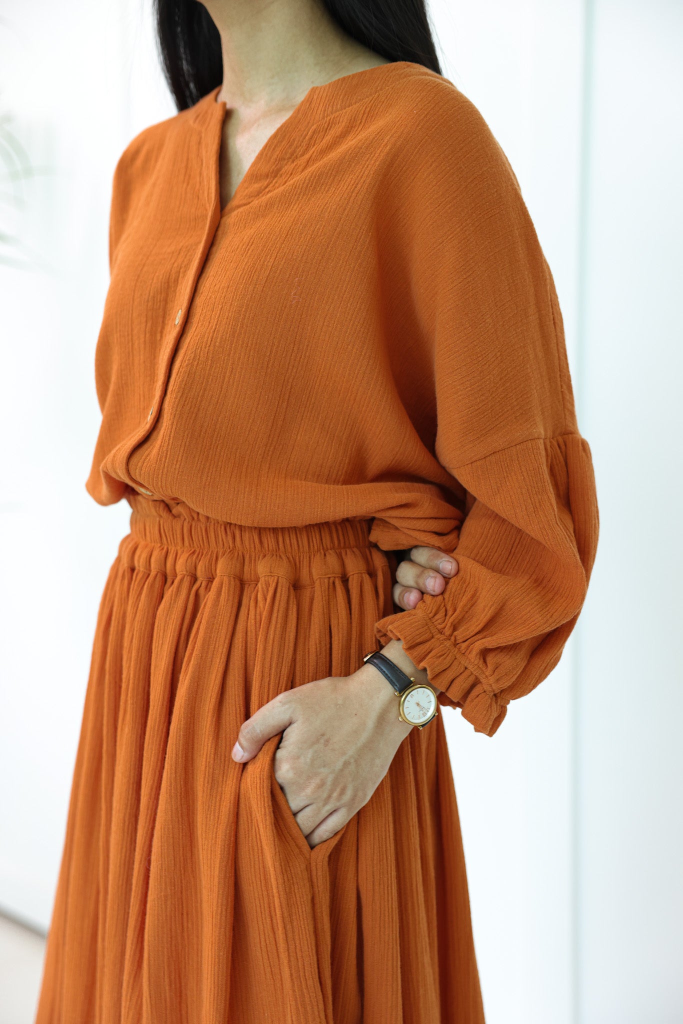 Daichi Organic Wrinkle Cotton Skirt & Top Set Rust