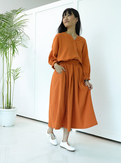 Daichi Organic Wrinkle Cotton Skirt & Top Set Rust