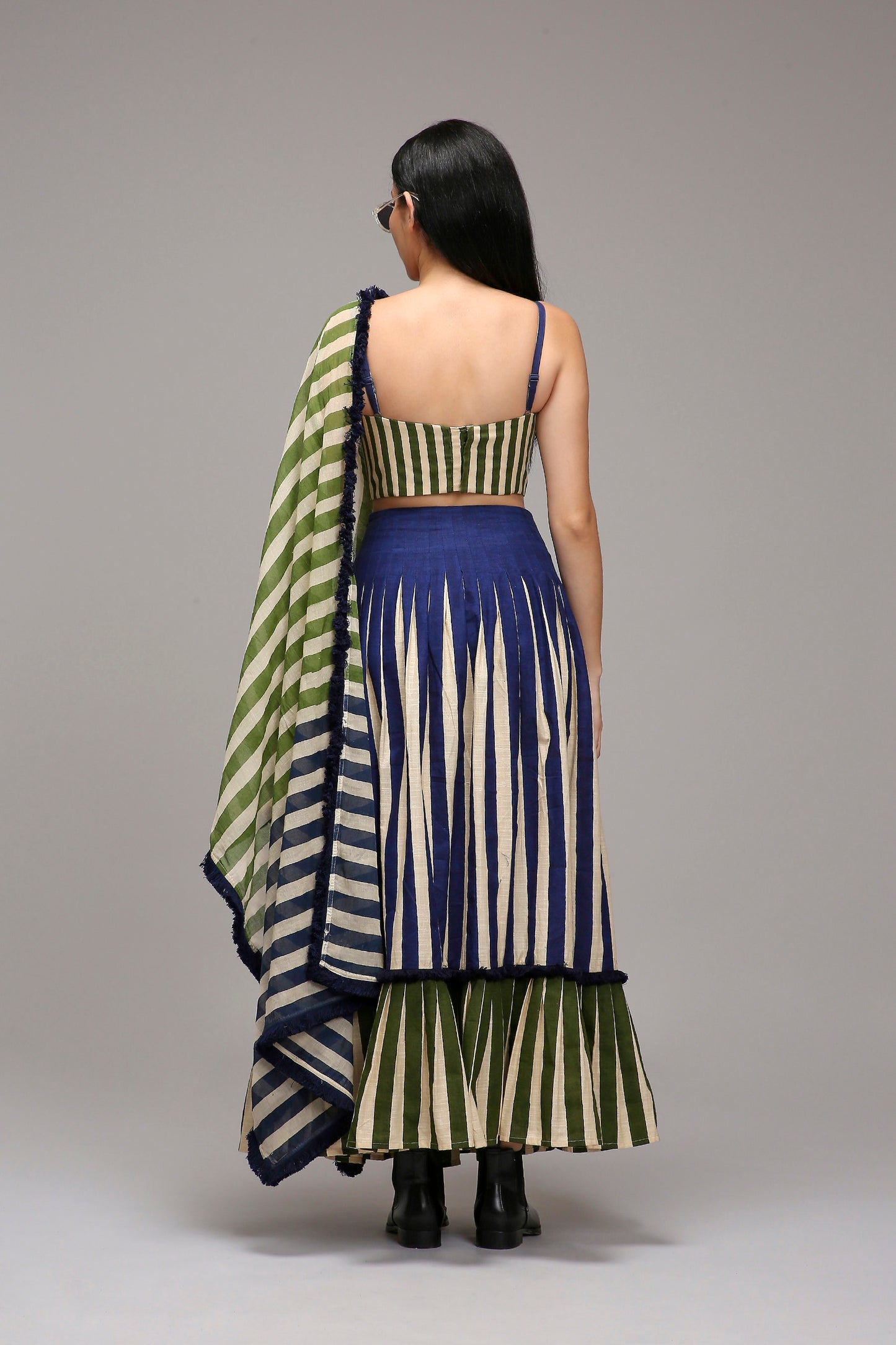 Egg-Shell Corset Dual Striped Stole Skirt Set (3 PCS)