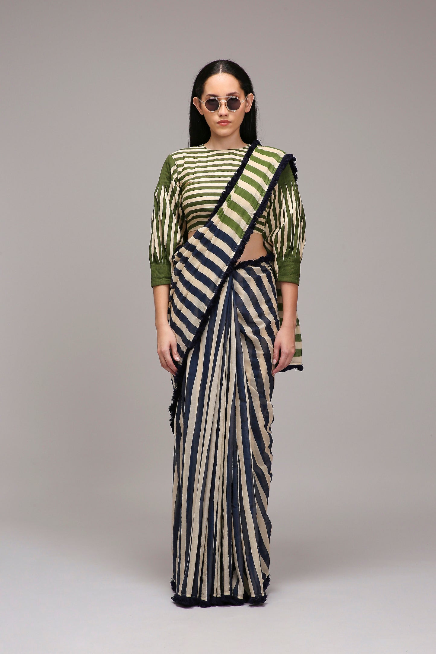 Egg-Shell Blue Green Dual Striped Saree