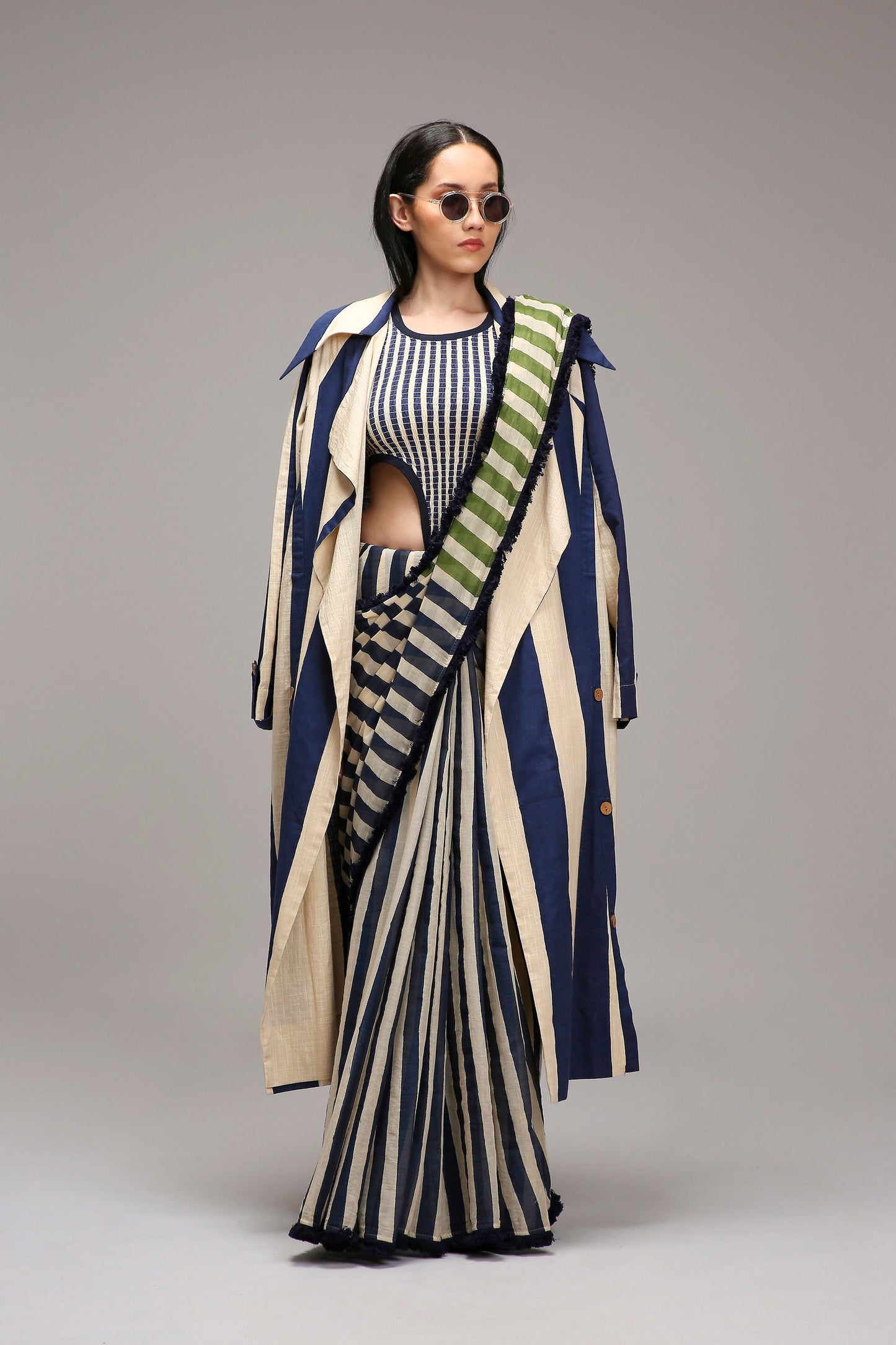 Egg-Shell Bodysuit with Trench & Dual Striped Saree Set (3 PCS)