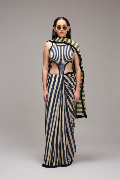 Egg-Shell Blue Green Dual Striped Saree