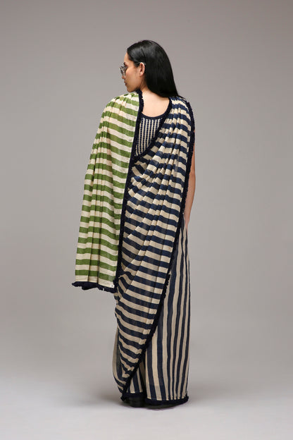 Egg-Shell Blue Green Dual Striped Saree