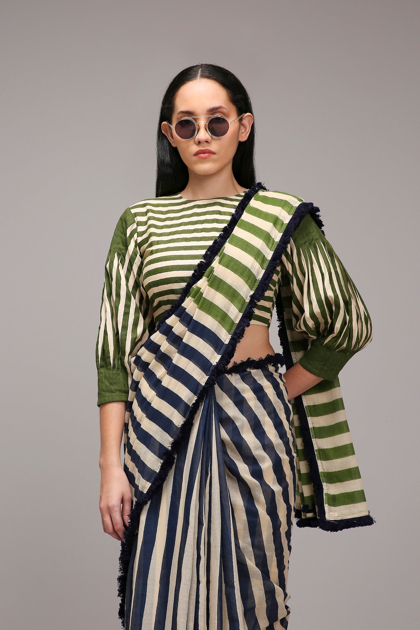 Egg-Shell Blue Green Dual Striped Saree